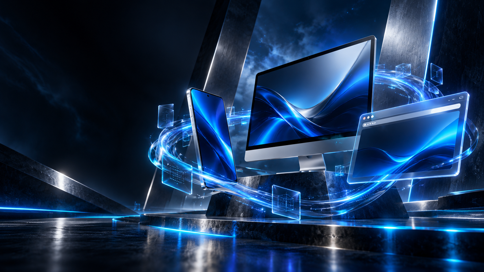 Dispositivos Android, PC e Web conectados por energia azul